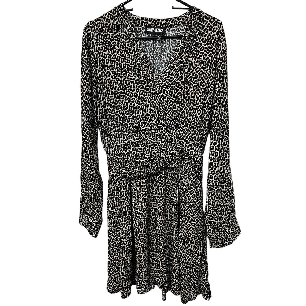 DKNY Dress Sz Medium Animal Print Short Ruched Waist‎ Pull Over Long Sleeve